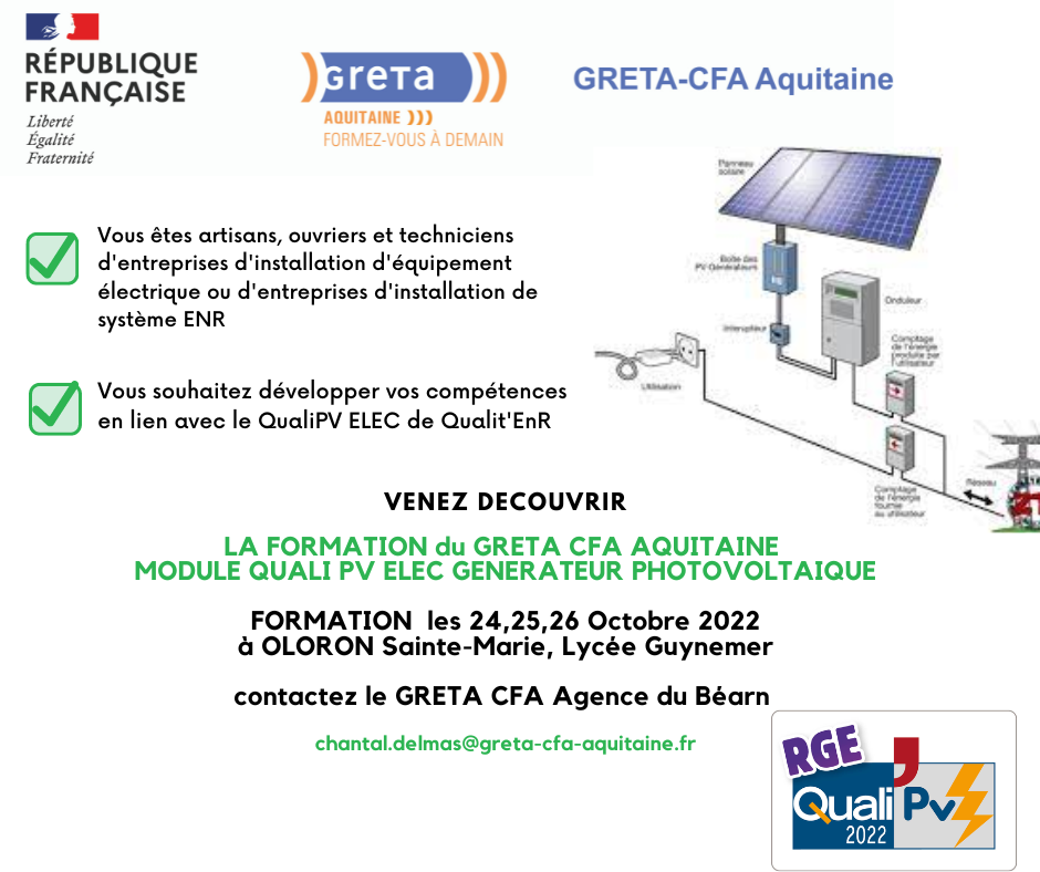 Formation QualiPV ELEC en OCTOBRE à Oloron ! - Réseau GRETA-CFA Aquitaine